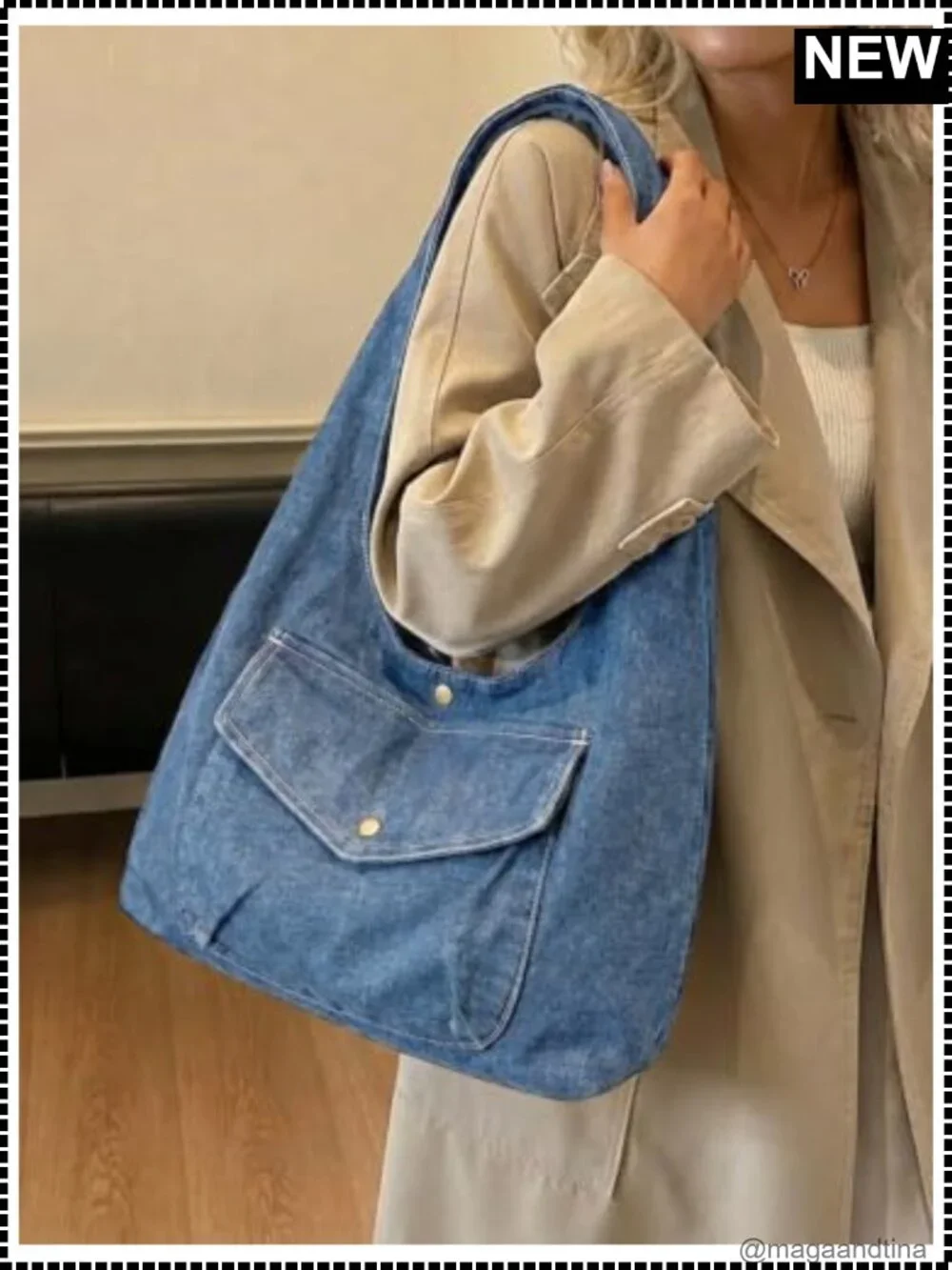 Denim Hobo Bag Large Capacity Reversible Tote Wide Strap Shoulder Purse